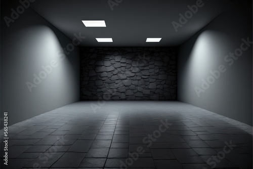  a dark room with a stone wall and two lights on the ceiling and a brick floor with a black and white pattern on the floor.  generative ai © Shanti