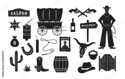 Wild West silhouettes icon. Vector set of black western Texas icons with cowboy, hat, wooden signboard, cactus, dynamite, gun, wanted poster, sheriff badge, cow skull, tequila, horseshoe.