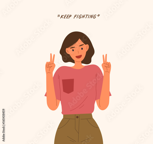 Happy young girl smiling and holding two fingers or V sign with Keep Fighting typography. Concept of encouragement, fighting for something. Cheer up cartoon character. Flat vector illustration.