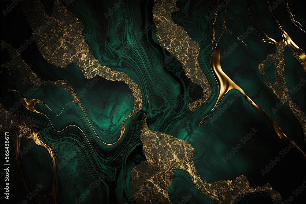 a green and gold abstract painting with a black background and a gold swirl pattern on the bottom of the image and a black background with gold swirls. generative ai a green and gold abstract painting with a black background and a gold swirl pattern on the bottom of the image and a black background with gold swirls. generative ai