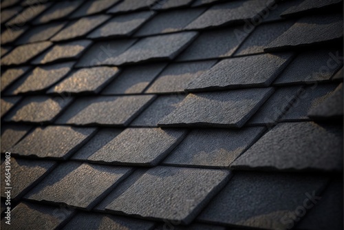  a roof with a black shingled roof and a brown roof tile on it's side, with a black background and a black background. generative ai