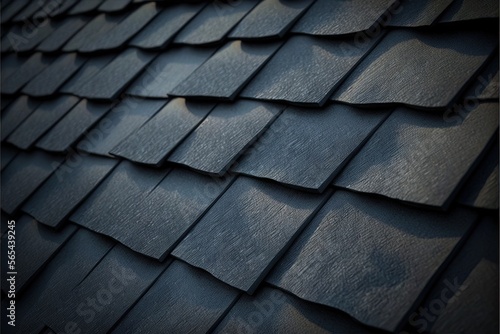  a close up of a roof with a black shingled roofing material on it's side and a black background with a white border. generative ai