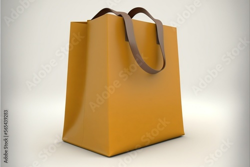  a yellow shopping bag with a brown handle on a white background with a shadow on the floor and a shadow on the floor below it.  generative ai photo