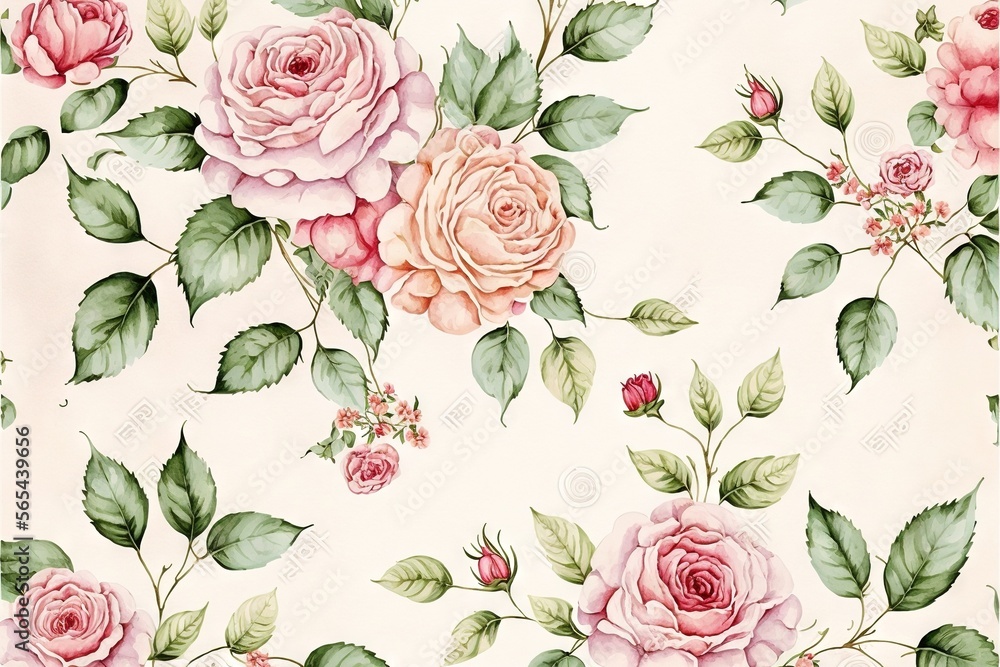  a floral wallpaper with pink roses and green leaves on a white background stock photo - image of pink roses and green leaves on a white background.  generative ai