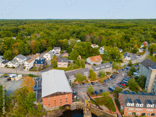 Historic commercial building aerial view on Main Street in historic town center of Newmarket, New Hampshire NH, USA.   photo