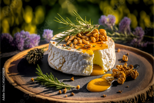 Delicious camembert cheese with walnuts, honey, and rosemary, ai generative