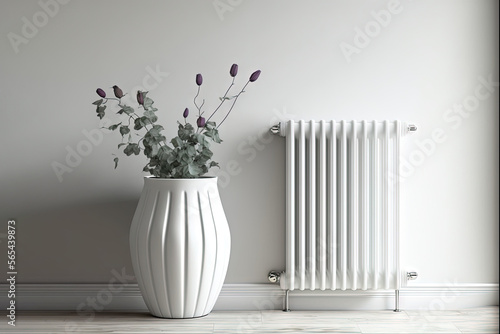  a white vase with flowers on a table next to a radiator and a wall mounted radiator with a white radiator. generative ai