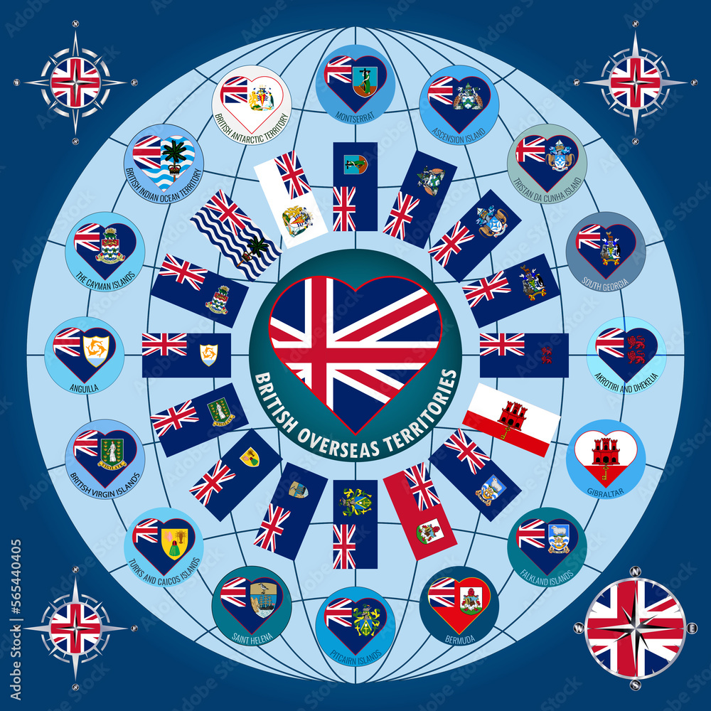 A set of British Overseas Territories flags in the form of a circular  image. Illustration. Illustration Stock | Adobe Stock