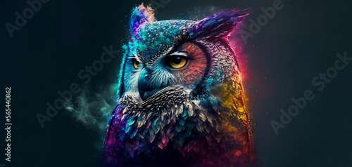 Abstract animal Owl portrait with colorful double exposure paint with Generative AI.