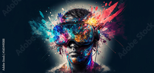 Abstract VR headset glasses portrait with colorful double exposure paint with Generative AI.