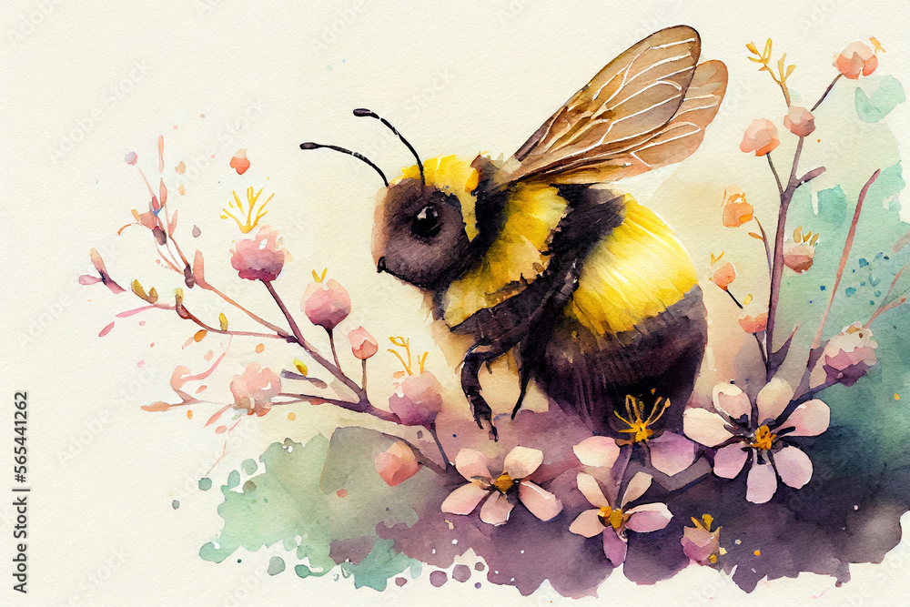 Watercolor painting of cute bumblebee flying in flowers. Digitally