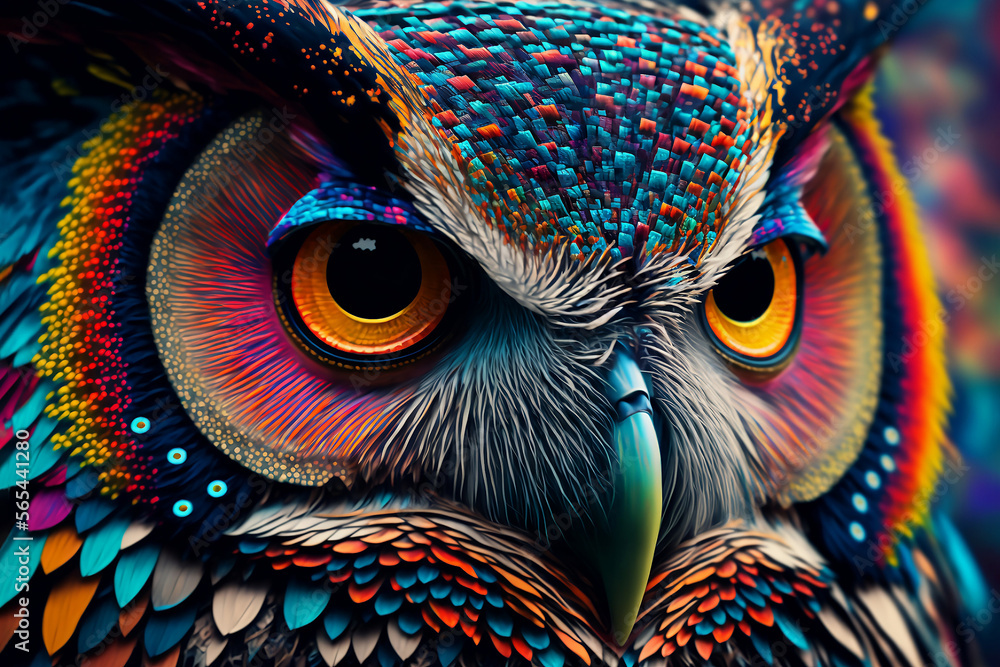 Abstract animal Owl portrait with colorful double exposure paint with Generative AI. - obrazy, fototapety, plakaty 