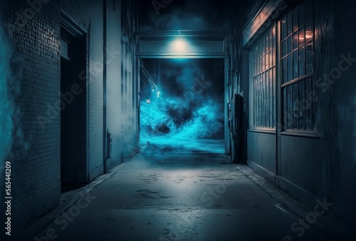 illustration, empty street with dark blue background, generative AI