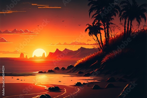 Evening on the beach with palm trees. An evening on the beach with palm trees. Colorful picture for rest. Blue palm trees at sunset. Generative AI