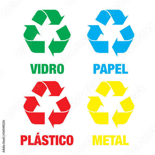 selective collection of icons GLASS, PAPER, PLASTIC and METAL written “ VIDRO, PAPEL, PLÁSTICO e METAL” in Portuguese Brazilian