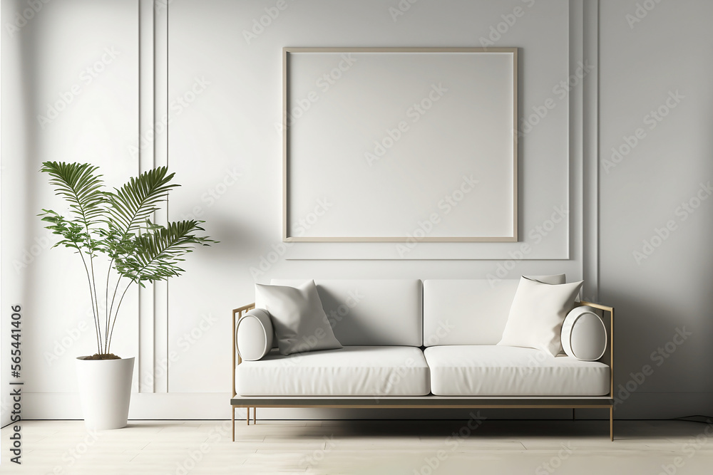 Obraz premium Minimal Living room with Home decoration. Cozy stylish with sofa and blank frame. Modern design background with Generative AI.