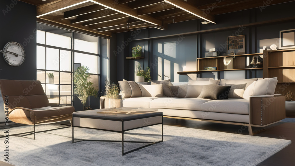 postmodern living room interior in loft, industrial style, vintage, Generative AI