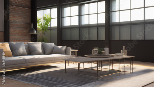 postmodern living room interior in loft, industrial style, vintage, Generative AI