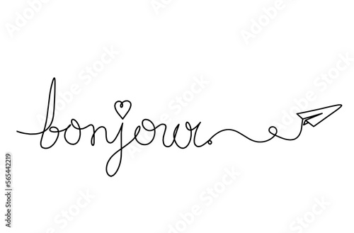 Calligraphic inscription of word "bonjour", "hello" with paper plane as continuous line drawing on white  background