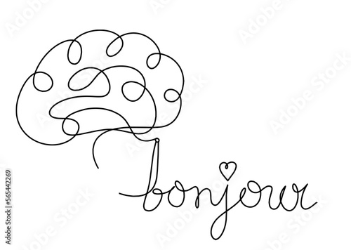 Calligraphic inscription of word "bonjour", "hello" with brain as continuous line drawing on white background