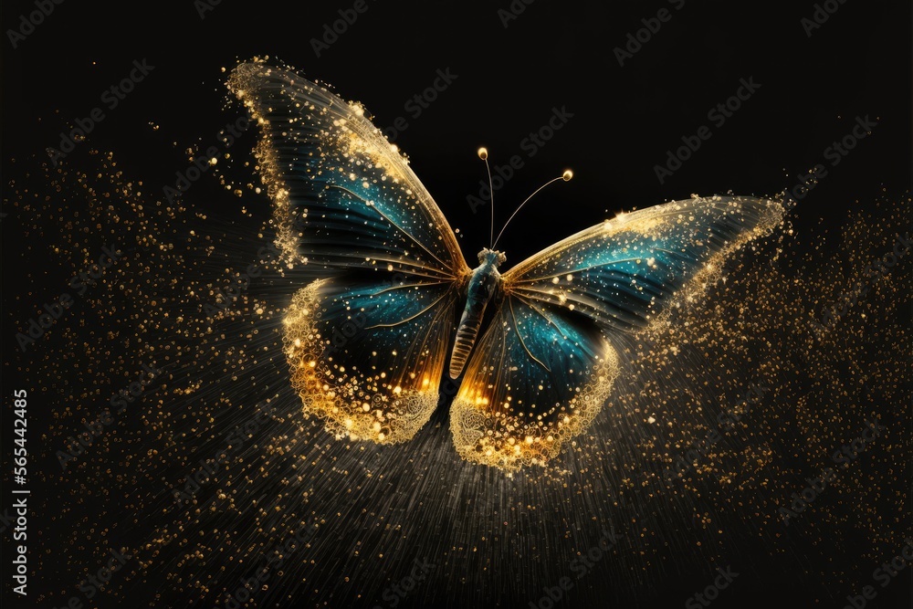 Magic night butterfly gold glitter golden dust nature background, mystical insect Generative AI illustration - obrazy, fototapety, plakaty 