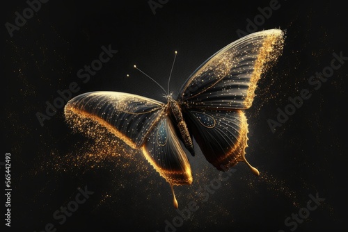 Fototapeta Magic night butterfly gold glitter golden dust nature background, mystical insec