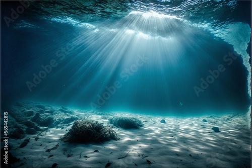 Fotografia underwater background deep blue sea and beautiful light rays with sandy floor Ge