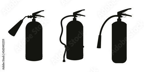 Fire extinguisher icons in black color in realistic style. Shadows. Vector stock illustration. Safety and fire protection. White background.