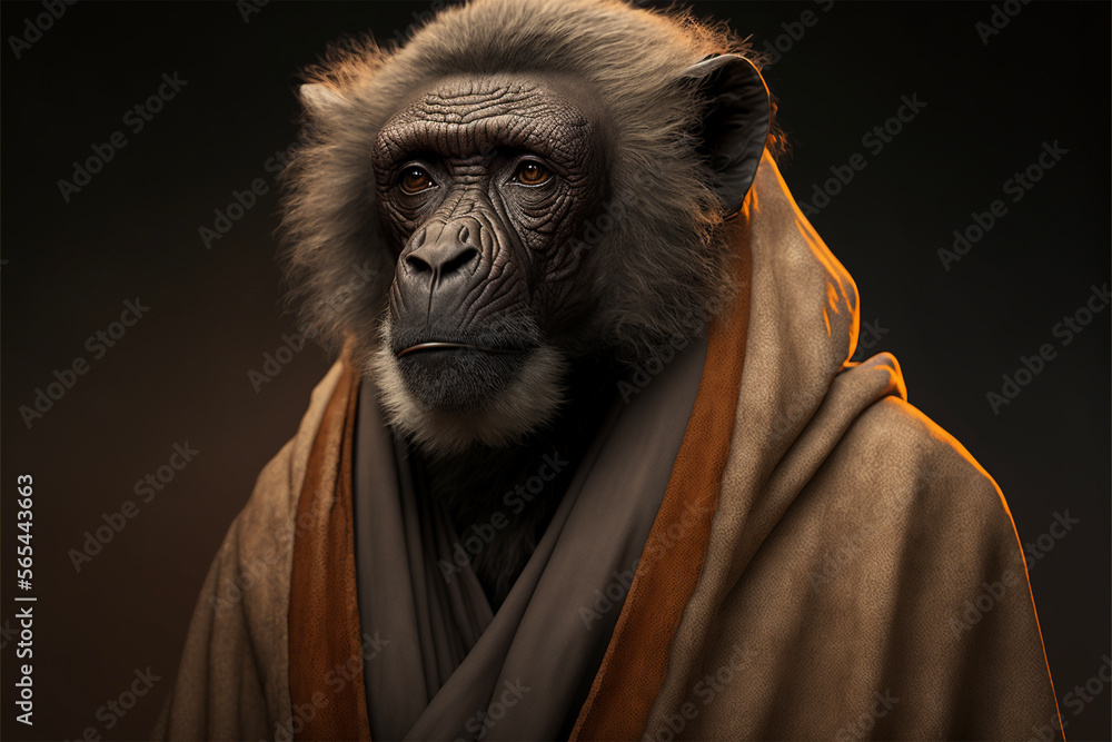 Portrait of a old monkey dressed in a bathrobe.Front view.Created with generative ai