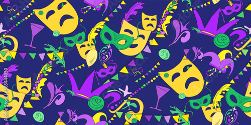 Colourful hand drawn doodle Mardi Gras symbols. Carnival Party seamless pattern. Masquerade ornament. Holiday Mardi Gras party. Design for Carnival, Mardi Gras, web template. Vector illustration