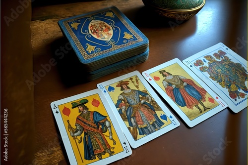 Fantasy Deck of Cards over a table, ready to be mixed and arranged for playing, gambling, or reading a future fortune through an oracle, generative ai