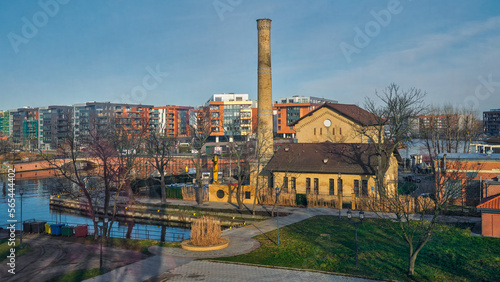 Gdansk, Poland, view of the old town and a fragment of the Motława River, a sewage treatment plant in the foreground