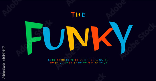 Funku playful alphabet, dynamic laidback letters, bright, colorful and vibrant font for uneven expressive logo, lively and cheerful headline, unique and cool typography. Vector typographic design