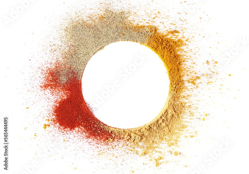 Frame mix spice, cayenne pepper, ground ginger, curry, minced white pepper isolated on white, top view