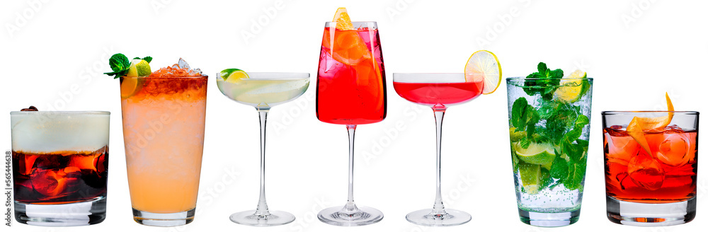Cocktail menu, different set of classic cocktails isolated, a collection of alcoholic beverages for the menu on a white background - obrazy, fototapety, plakaty 