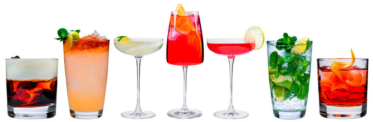 Cocktail menu, different set of classic cocktails isolated, a collection of alcoholic beverages for the menu on a white background