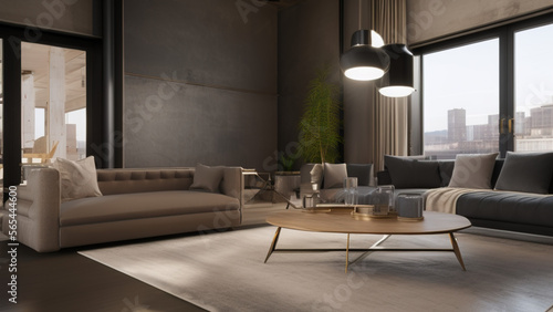 postmodern living room interior in loft, industrial style, vintage, Generative AI
