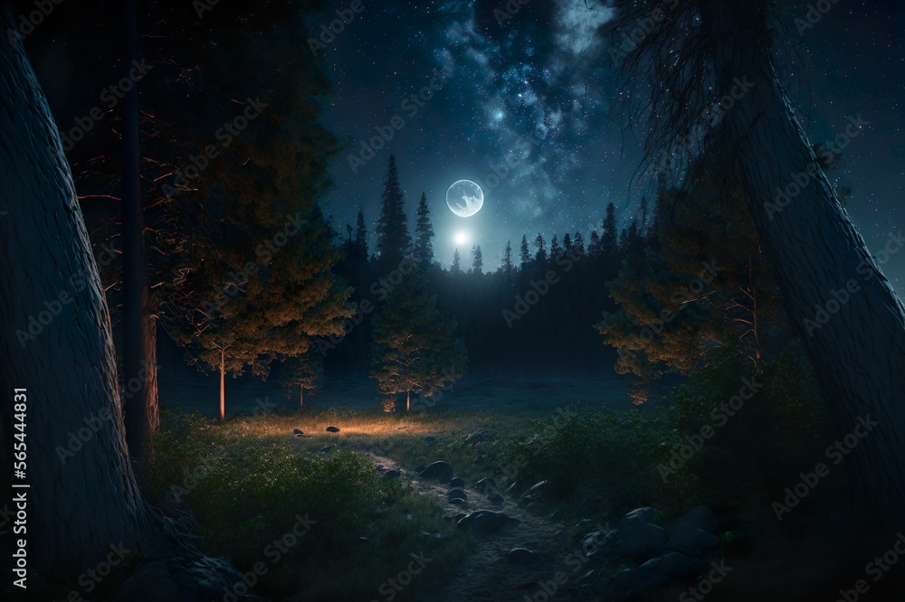 A view of the forest with starry sky,  moon, and tall trees super realistic background generative AI