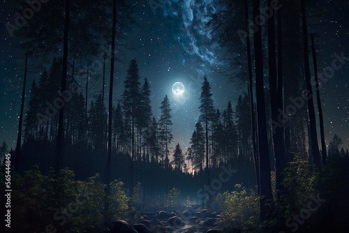 A view of the forest with starry sky,  moon, and tall trees super realistic background generative AI © poker