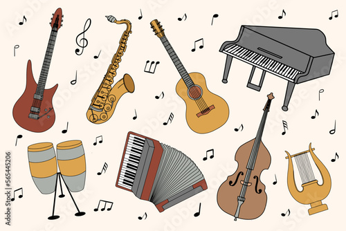 vector cartoon set of musical instruments  guitar  electric guitar  double bass  drums  piano  accordion  lyre  saxophone