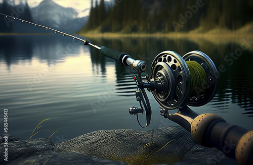 Tela fishing rod reel on the background of the lake. Generative AI.