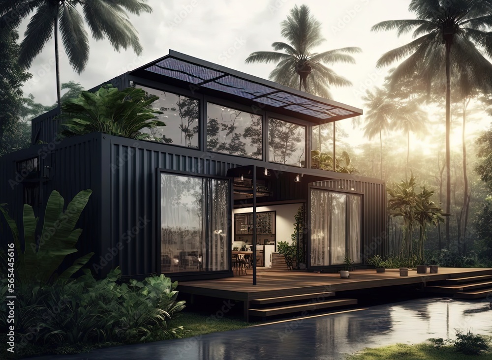 shipping container make as restaurant, office or house, modern and minimalism design, idea for sustainability for environmental preservation, tropical forest Generative Ai