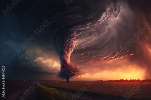 A dramatic storm at sunset producing a powerful tornado. Generative AI.