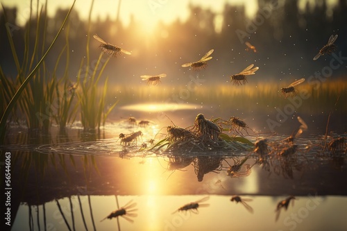 A lot of mosquitoes flying in the swamp. Generative AI.