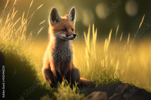 Baby fox sitting in grass. Generative AI.