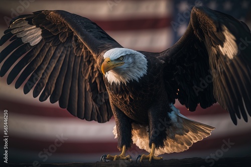Bald eagle with american flag. Generative AI.