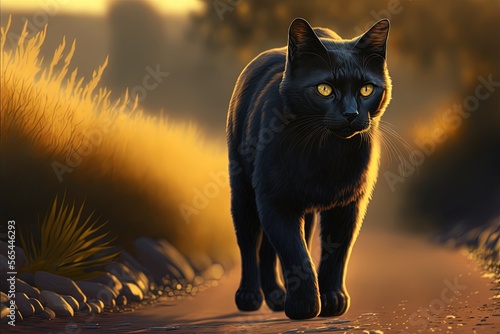 Black cat walking. Generative AI.