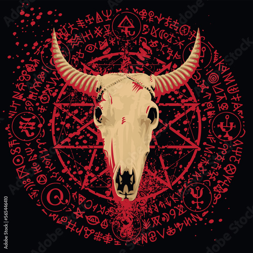 Vector illustration with a horned cow skull, pentagram, occult and witchcraft signs. The symbol of Satanism Baphomet and magic runes written in a circle. blood stains and splashes