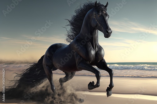 Galloping black horse at the beach. Generative AI.