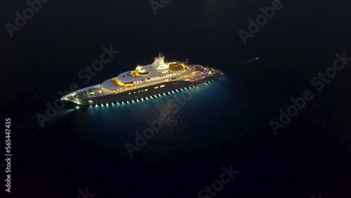 Night drone view of luxury yacht in Bodrum Bay